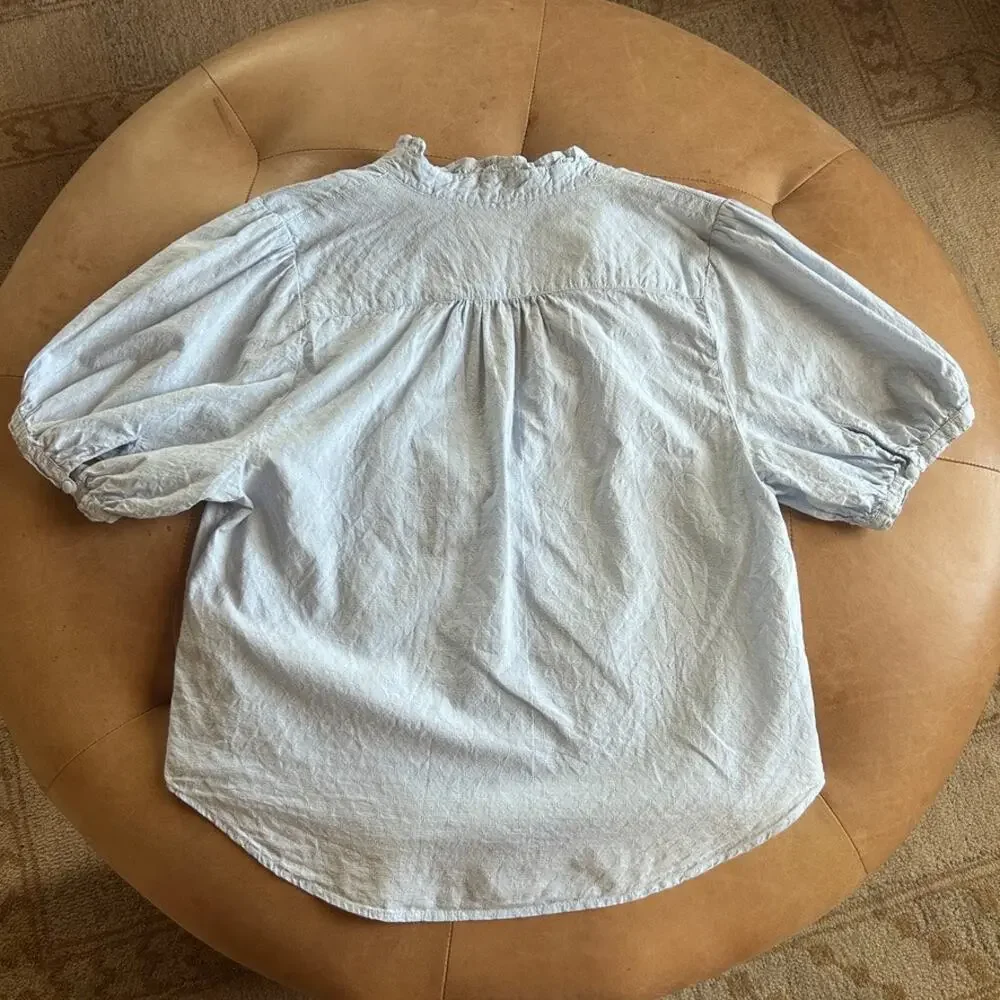 Anthro Anthropologie Cotton Peasant Blouse Puff Sleeve Ruffle Cottagecore Blue M